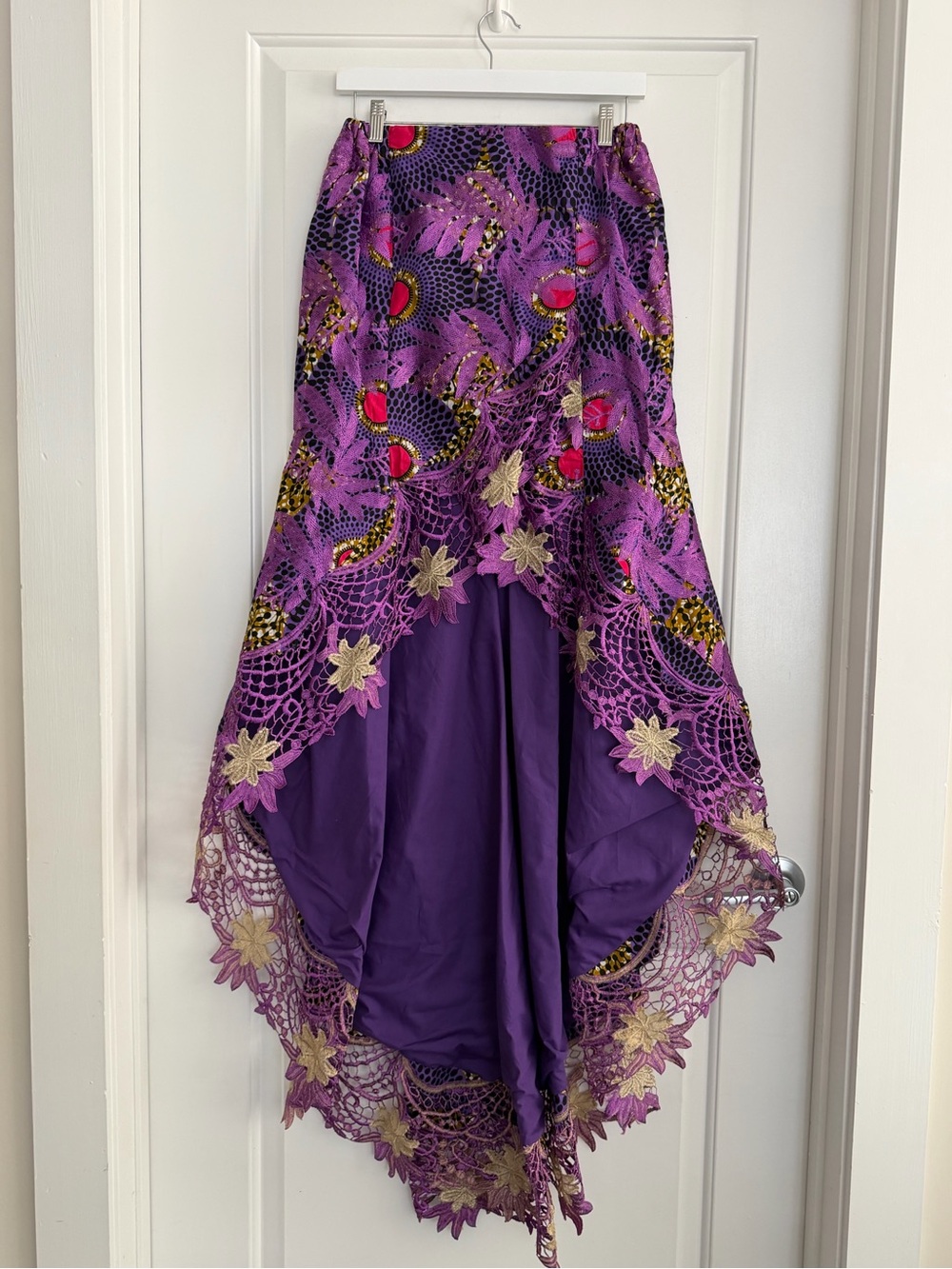 Ankara African Wax Print Hi Low Lace Trim Skirt Stretch Embroidered Lined Purple